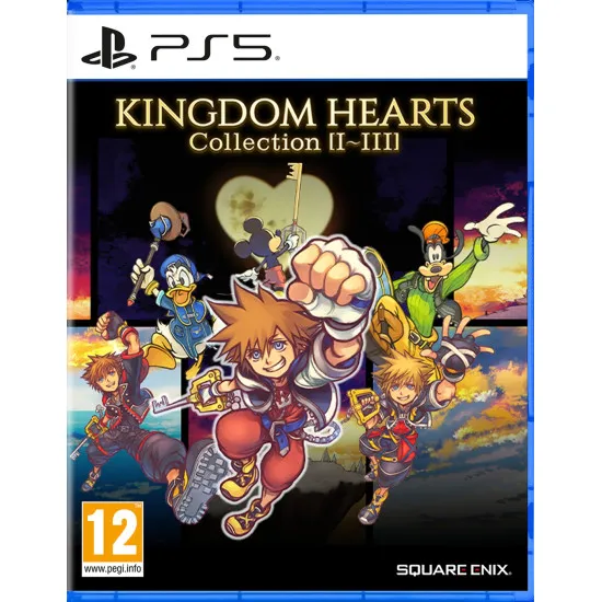 A PlayStation 5 game case depicting Sora sitting on a crown-adorned throne surrounded by his friends while floating keyblades create a striking background outline